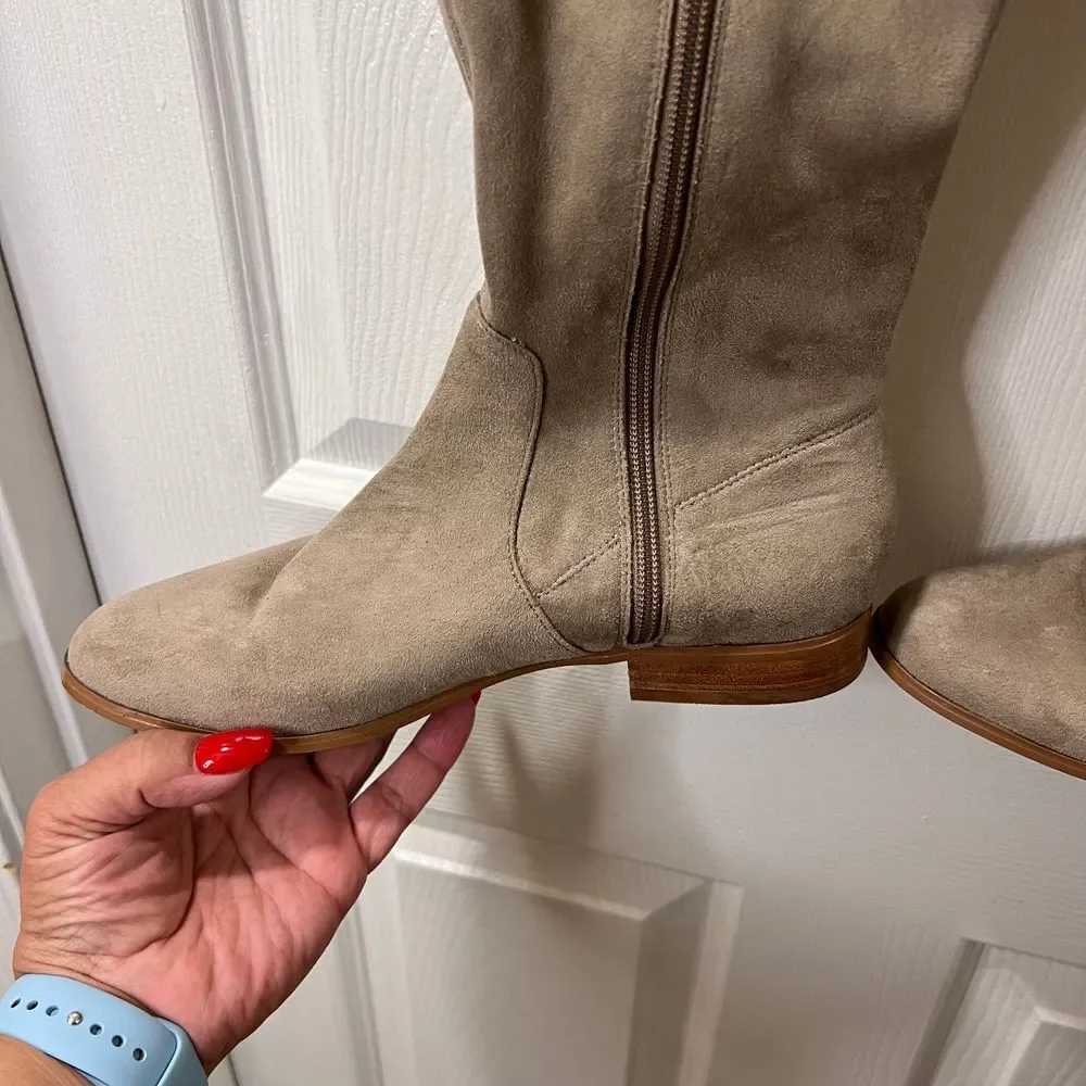 Calvin Klein Taupe Microfiber‎ Over-the-Knee Boots Side Zip Flat Heel-8.5